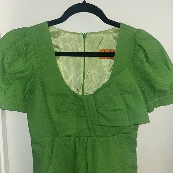 Voom by Joy Han Vintage Green Short Sleeve Dress With Bow Detail Size Small - Picture 3 of 11